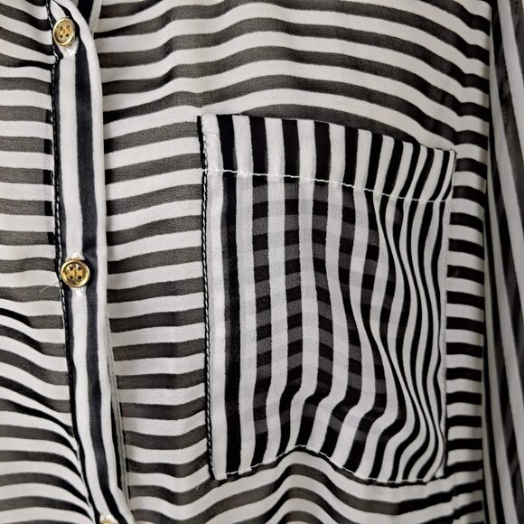 Charming Charlie Size Large Black White Stripe Sheer Button Down Shirt Long Slv - Picture 3 of 12